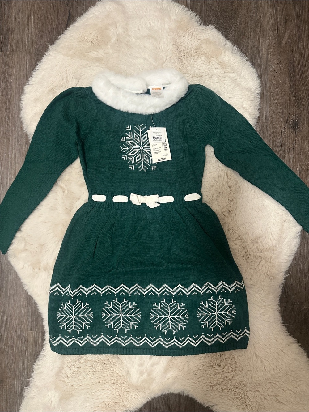 Girls' Emerald Green Snowflake Knit Dress with Faux Fur Collar 5T